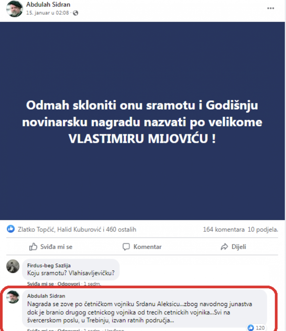FaceBook rasprava Sidrana i Isovića oko Srđana Aleksića